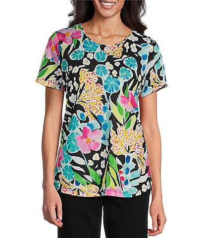 Allison Daley Petite Size Floral Print Short Sleeve Crew Neck Art Tee Shirt