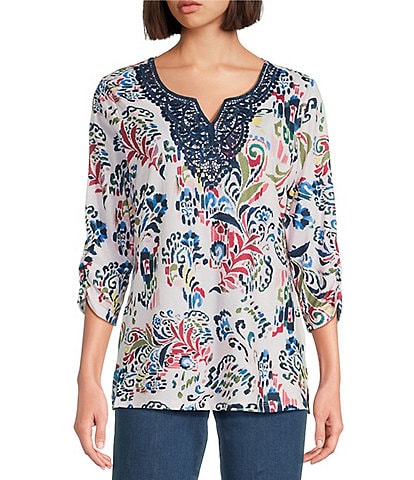 Allison Daley Petite Size Flowery Ikat 3/4 Sleeve Split Round Neck Lace Detail Knit Top