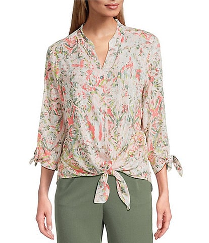 Allison Daley Petite Size Ikat Diamond Print 3/4 Tie Sleeve Y-Neck Button Front Tie-Hem Blouse