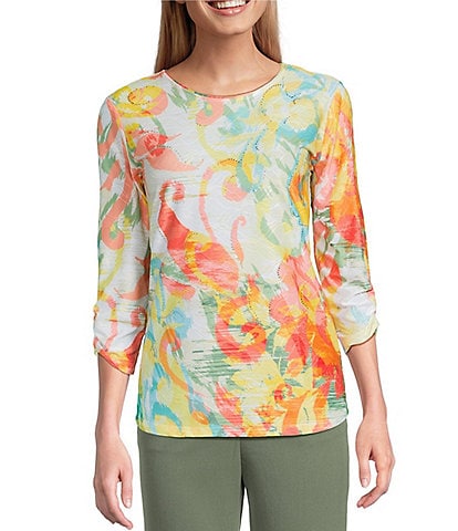 Allison Daley Petite Size Ikat Floral Print 3/4 Ruched Sleeve Crew Neck Linear Jacquard Knit Top