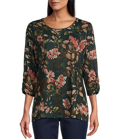 Allison Daley Petite Size Leaves Print Embellished 3/4 Ruched Sleeve Crew Neck Abstract Tee Shirt