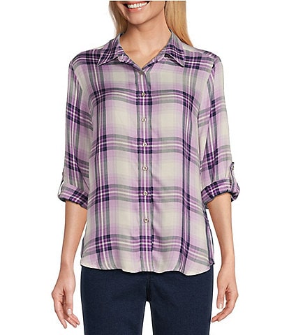 Allison Daley Petite Size Long Roll-Tab Sleeve Point Collar Button Front Plaid Shirt