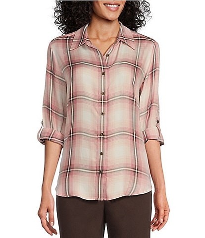 Allison Daley Petite Size Long Roll-Tab Sleeve Point Collar Button Front Plaid Shirt
