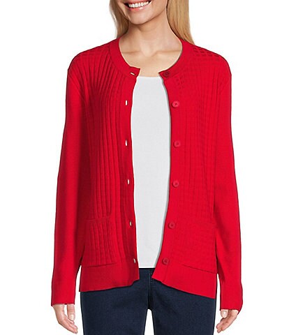 Allison Daley Petite Size Long Sleeve Crew Neck Button Front Patch Pocket Classic Cardigan