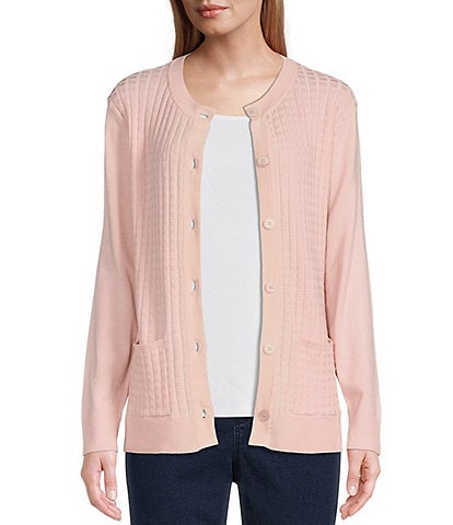 Allison Daley Petite Size Long Sleeve Crew Neck Button Front Patch Pocket Classic Cardigan