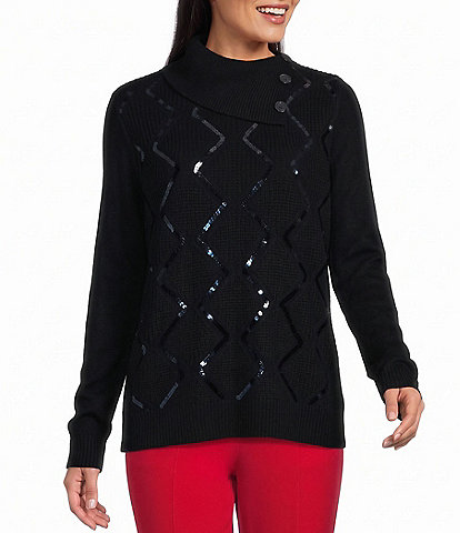 Allison Daley Petite Size Long Sleeve Envelope Neck Rib Trim Sequin Sweater