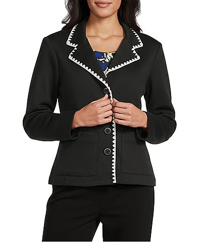 Allison Daley Petite Size Long Sleeve Notch Lapel Button Front Novelty Trim Jacket