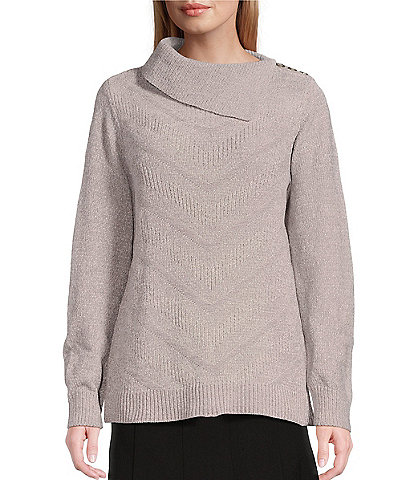 Allison Daley Petite Size Long Sleeve Split Cowl Neck Metallic Chenille Sweater