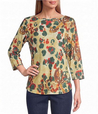 Allison Daley Petite Size Multi Spot 3/4 Sleeve Boat Neck Knit Top
