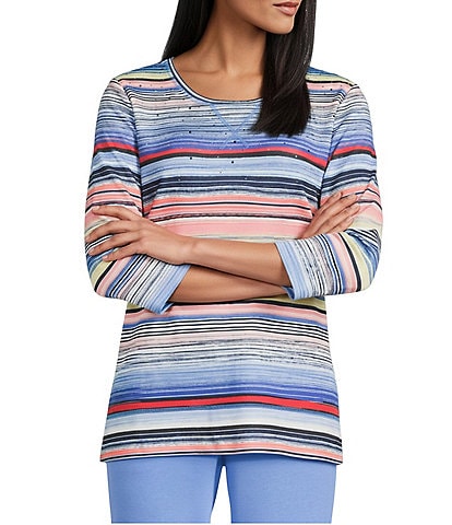 Allison Daley Petite Size Multi Stripe Embellished 3/4 Sleeve Crew Neck Scuba Knit Top