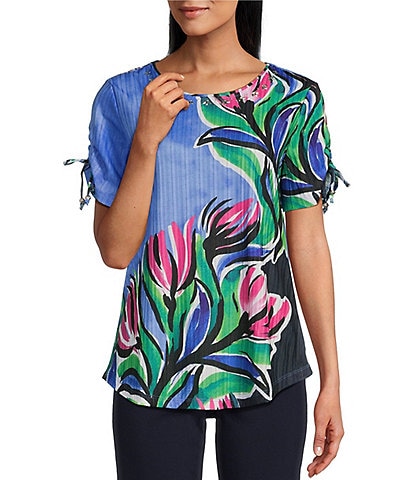 Allison Daley Petite Size Painterly Floral Print Tie Ruched Short Sleeve Embellished Crew Neck Knit Top