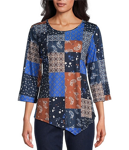 Allison Daley Petite Size Paisley Patchwork Print 3/4 Sleeve Crew Neck Asymmetric Hem Knit Top