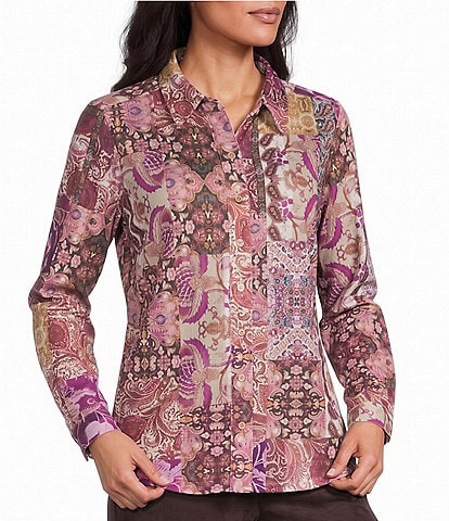 Allison Daley Petite Size Patchwork Long Sleeve Point Collar Button Front Top