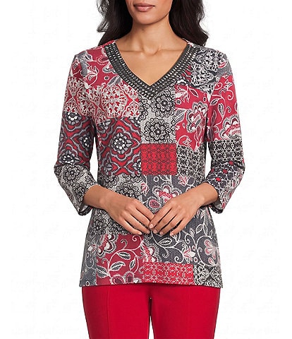 Allison Daley Petite Size Patchwork Print 3/4 Sleeve V-Neck Embellished Top
