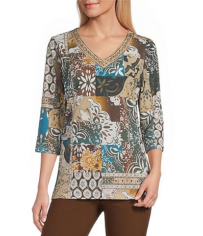 Allison Daley Petite Size Patchwork Print 3/4 Sleeve V-Neck Embellished Top