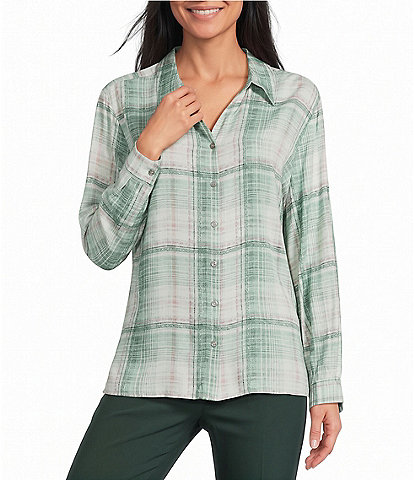 Allison Daley Petite Size Plaid Long Sleeve Button Front Point Collar Blouse
