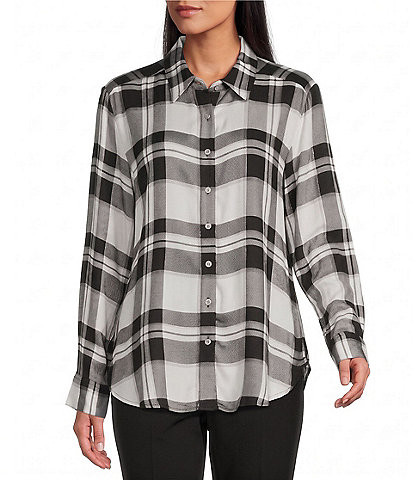 Allison Daley Petite Size Plaid Long Sleeve Button Front Point Collar Top