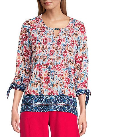 Allison Daley Petite Size Pomegranate Floral Vine Border 3/4 Tie Sleeve Keyhole Neck Knit Top