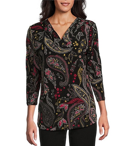 Allison Daley Petite Size Red Black Paisley Print 3/4 Sleeve V-Neck Pleated Knit Top