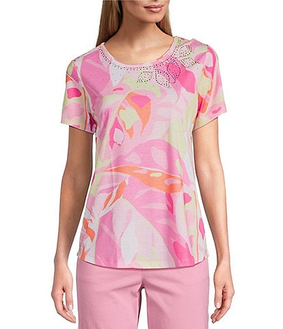 Allison Daley Petite Size Rose Palm Layers Print Short Sleeve Crew Neck Knit Top