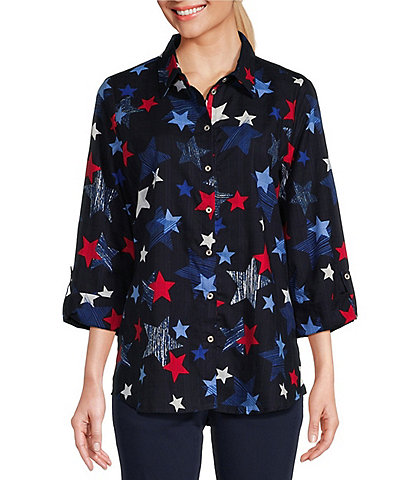 Allison Daley Petite Size Star Print 3/4 Roll Tab Sleeve Point Collar Button Front Shirt