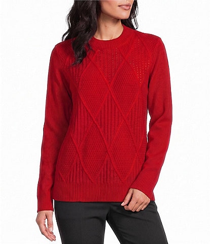Allison Daley Petite Size Tango Red Embellished Long Sleeve Crew Neck Sweater