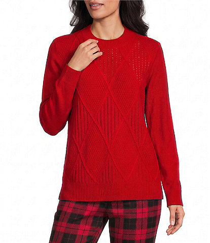 Allison Daley Petite Size Tango Red Embellished Long Sleeve Crew Neck Sweater