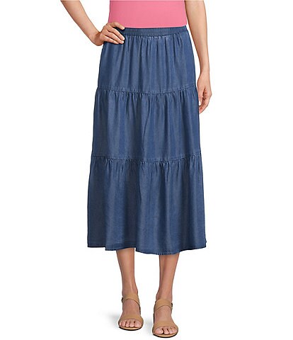 Allison Daley Petite Size Tiered Pull-On A-Line Midi Skirt