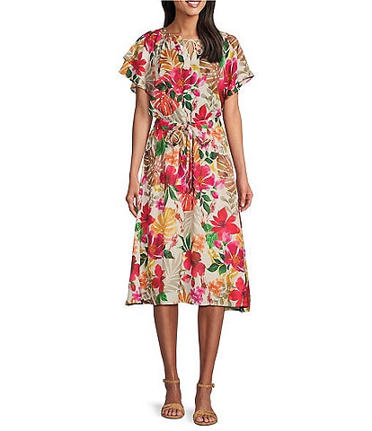 Allison Daley Petite Size Tropical Floral Print Short Flutter Sleeve Tie Neck Yoryu Midi Dress