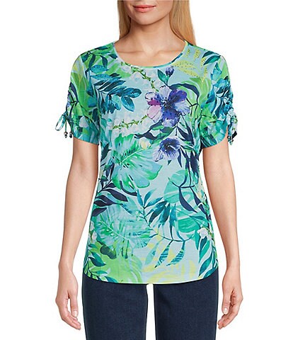 Allison Daley Petite Size Tropical Floral Print Short Tied Sleeve Knit Top