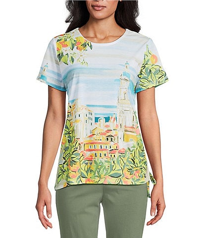 Allison Daley Petite Size Tuscan Village Print Short Sleeve Side Ruched Knit Top