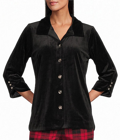 Allison Daley Petite Size Velour 3/4 Sleeve Point Collar Button Front Top