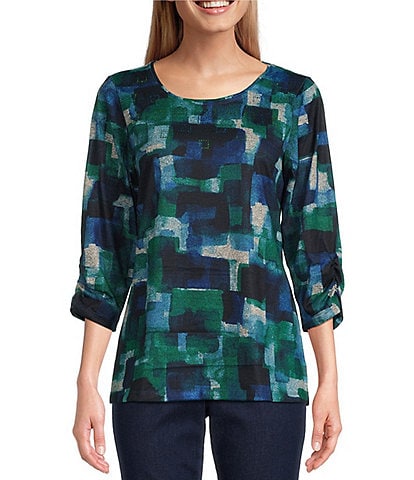 Allison Daley Petite Size Watercolor Check Print Embellished 3/4 Ruched Sleeve Crew Neck Abstract Tee Shirt