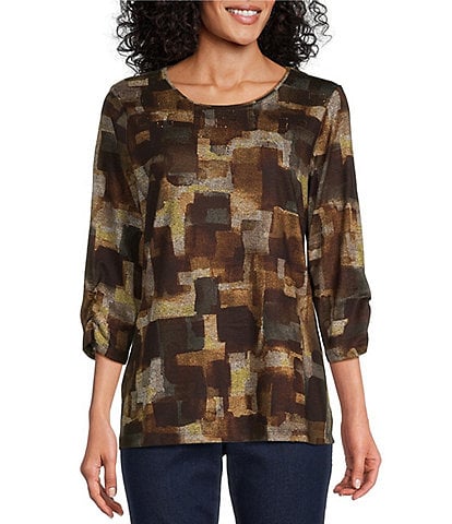 Allison Daley Petite Size Watercolor Check Print Embellished 3/4 Ruched Sleeve Crew Neck Abstract Tee Shirt