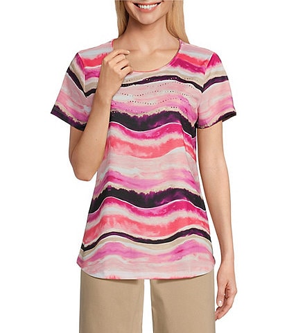 Allison Daley Petite Size Wave Stripe Print Embellished Short Sleeve Crew Neck Art Tee Shirt