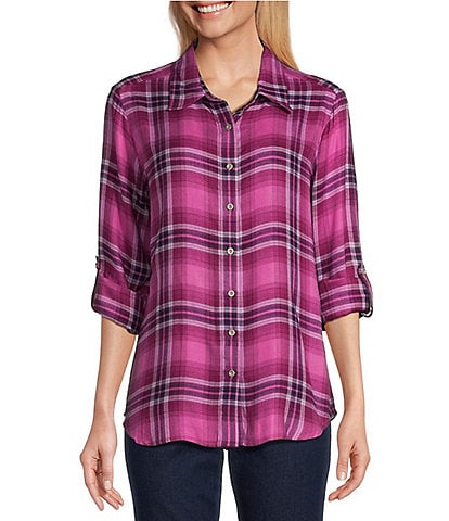 Allison Daley Pink Plaid Print 3/4 Roll Tab Sleeve Point Collar Button Front Shirt