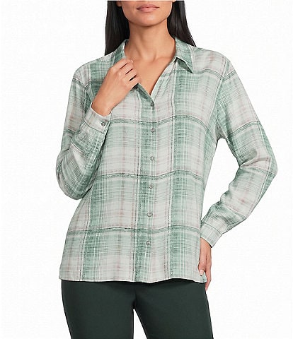 Allison Daley Plaid Long Sleeve Button Front Point Collar Blouse