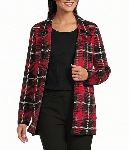 Allison Daley Plaid Long Sleeve Open-Front Rib Trim Cardigan