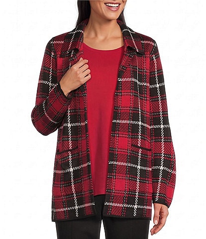 Allison Daley Plaid Long Sleeve Open-Front Rib Trim Cardigan