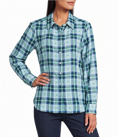Allison Daley Plaid Long Sleeve Point Collar Button Front Blouse