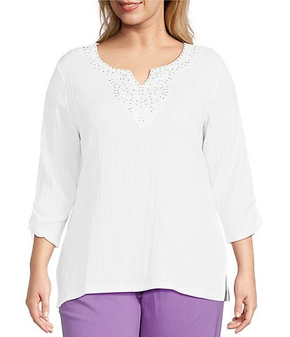 Allison Daley Plus Embellished Applique Split Round Neck 3/4 Ruched Sleeve Woven Top