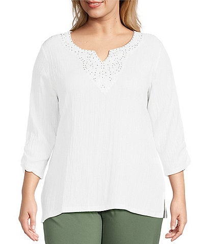 Allison Daley Plus Embellished Applique Split Round Neck 3/4 Ruched Sleeve Woven Top