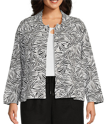 Allison Daley Plus Size 3/4 Sleeve Point Collar Button Front Linen Blend Jacket