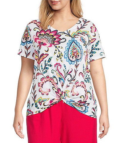 Allison Daley Plus Size Arabesque Floral Print Short Sleeve V-Neck Twist Hem Slub Jersey Knit Top