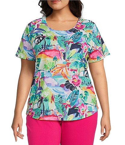 Allison Daley Plus Size Balinese Breeze Print Short Sleeve Crew Neck Knit Top