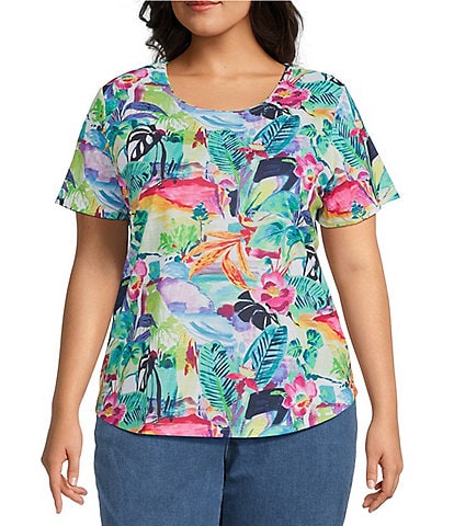 Allison Daley Plus Size Balinese Breeze Print Short Sleeve Crew Neck Knit Top