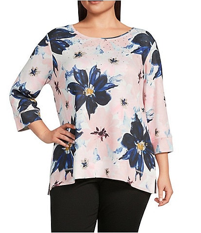 Allison Daley Plus Size Blush Floral Multi Print 3/4 Sleeve Crew Neck Scuba Knit Embellished Top