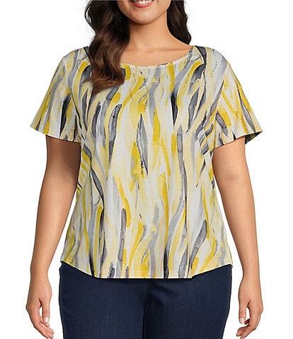 Allison Daley Plus Size Brush Fun Stripe Print Embellished Short Sleeve Crew Neck Art Tee Shirt