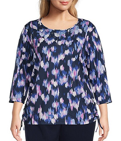 Allison Daley Plus Size Brushstroke Print 3/4 Sleeve Crew Neck Ruched Side Tie Knit Top