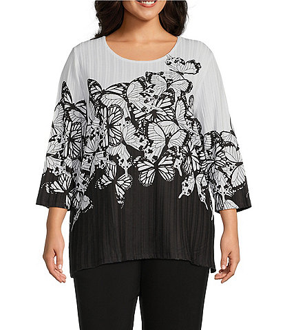 Allison Daley Plus Size Butterfly Dance Print 3/4 Sleeve Crew Neck Embellished Rib Knit Top